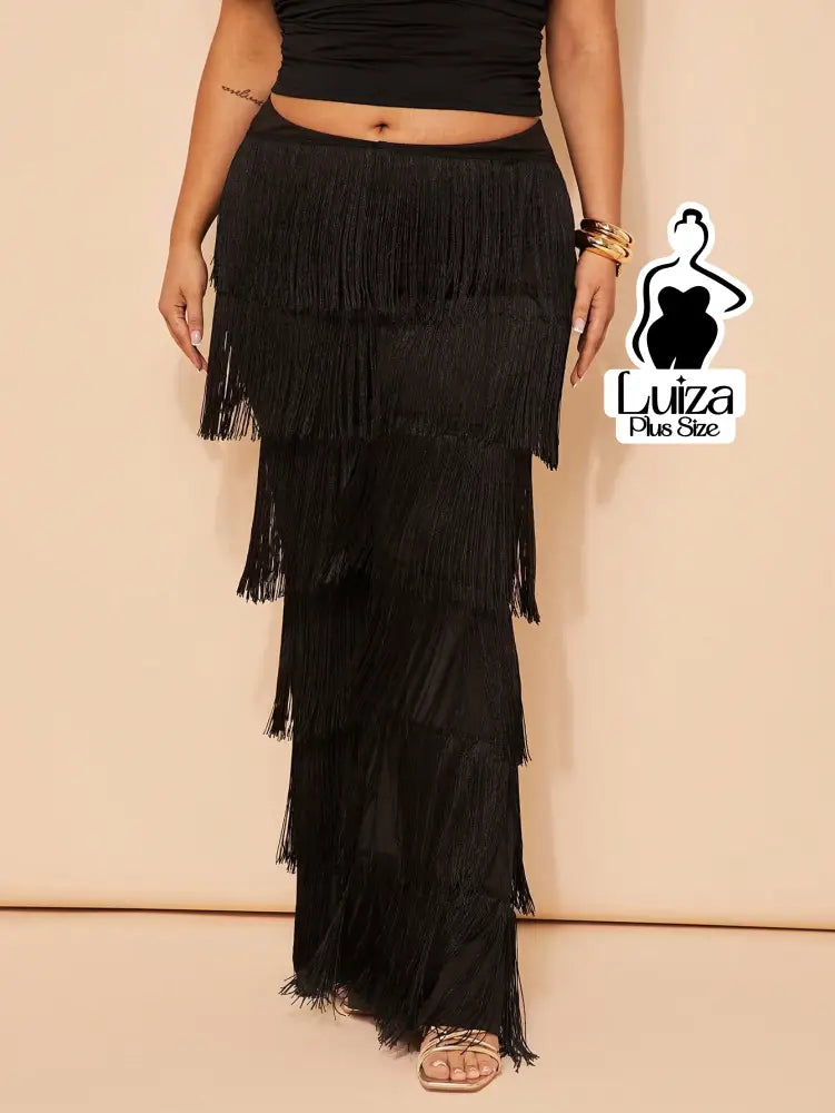 Calça Cintura Alta Franjas Camadas Estilo Fashion Plus Size