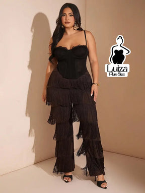 Calça Cintura Alta Franjas Camadas Estilo Fashion Plus Size