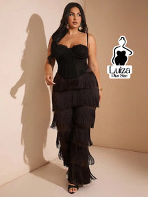 Calça Cintura Alta Franjas Camadas Estilo Fashion Plus Size