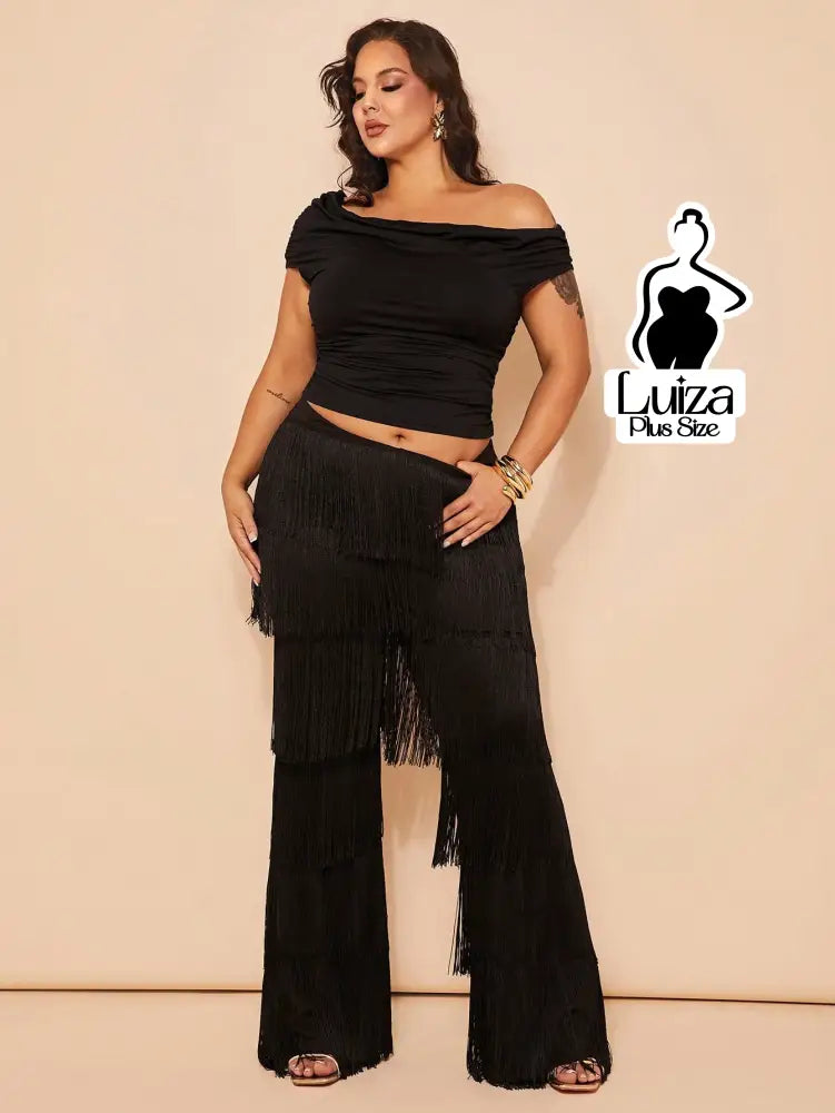 Calça Cintura Alta Franjas Camadas Estilo Fashion Plus Size