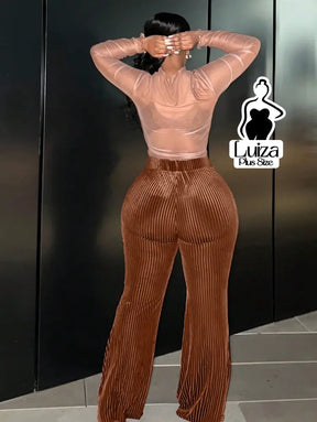 Calça Flare Cintura Alta Veludo Canelado Listrado Plus Size