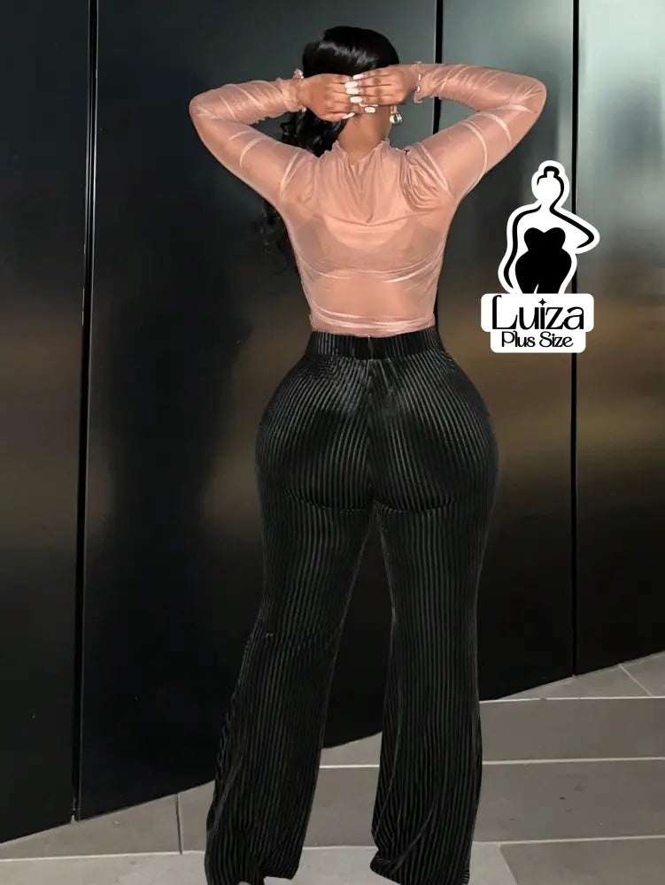 Calça Flare Cintura Alta Veludo Canelado Listrado Plus Size