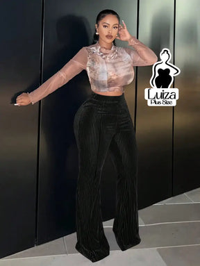 Calça Flare Cintura Alta Veludo Canelado Listrado Plus Size