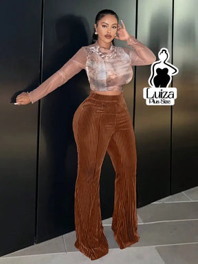 Calça Flare Cintura Alta Veludo Canelado Listrado Plus Size