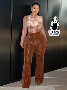 Calça Flare Cintura Alta Veludo Canelado Listrado Plus Size