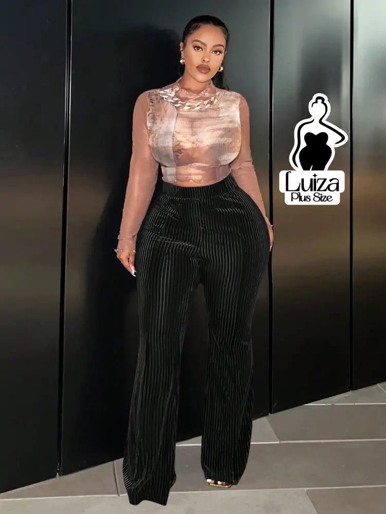 Calça Flare Cintura Alta Veludo Canelado Listrado Plus Size