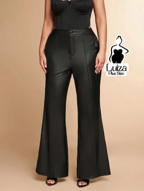 Calça Flare Efeito Couro Cintura Alta Elegante Plus Size
