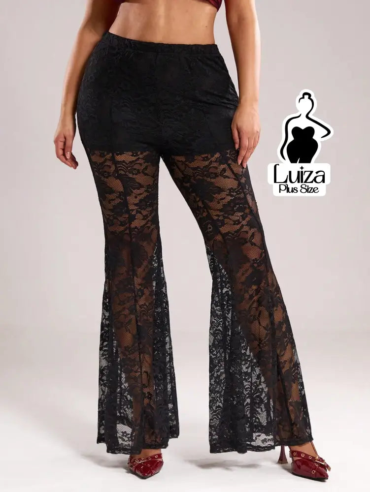 Calça Flare Transparente Renda Sofisticada Plus Size