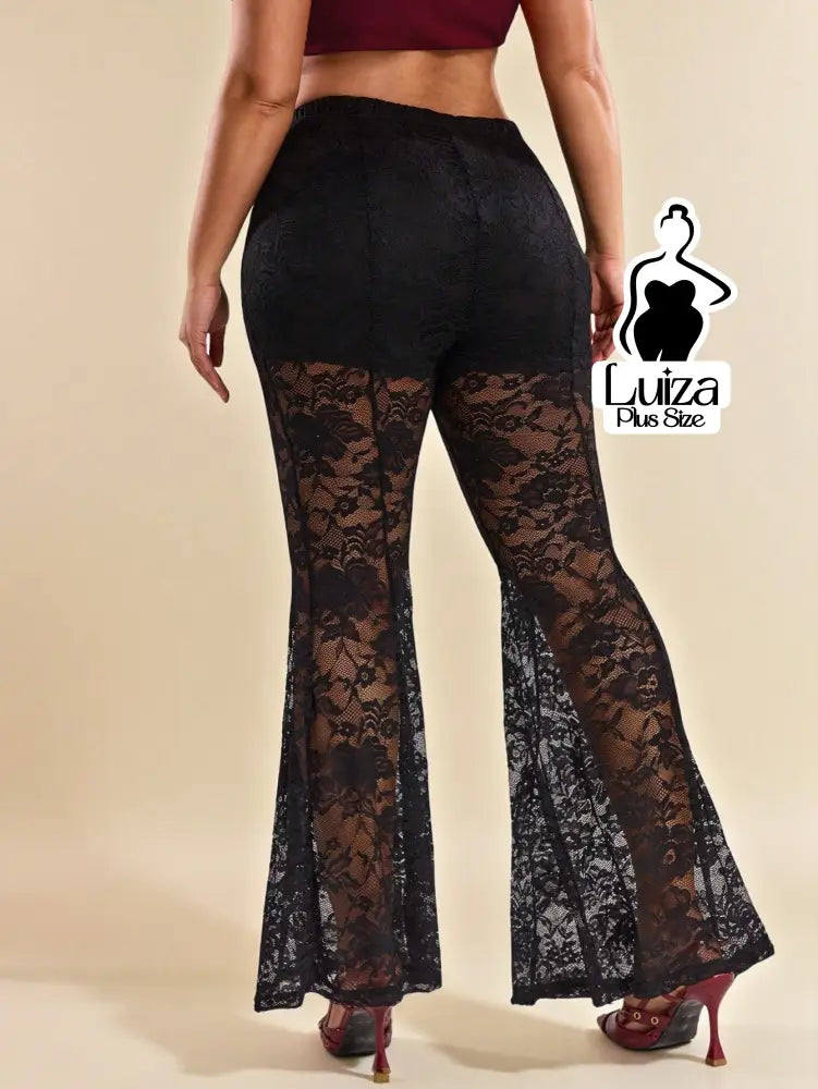 Calça Flare Transparente Renda Sofisticada Plus Size