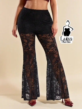 Calça Flare Transparente Renda Sofisticada Plus Size