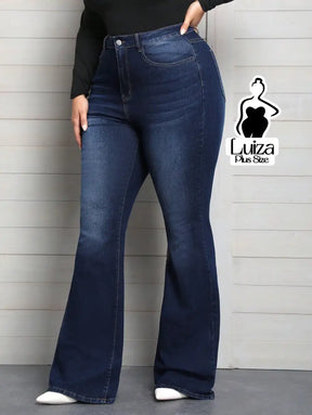 Calça Jeans Flare Cintura Alta Lavagem Escura Plus Size