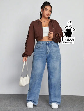 Calça Jeans Wide Leg Cintura Alta Caimento Solto Plus Size