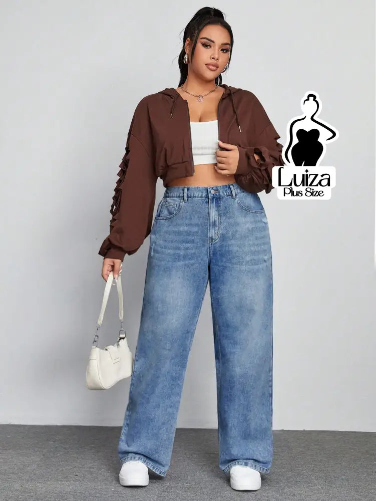 Calça Jeans Wide Leg Cintura Alta Caimento Solto Plus Size