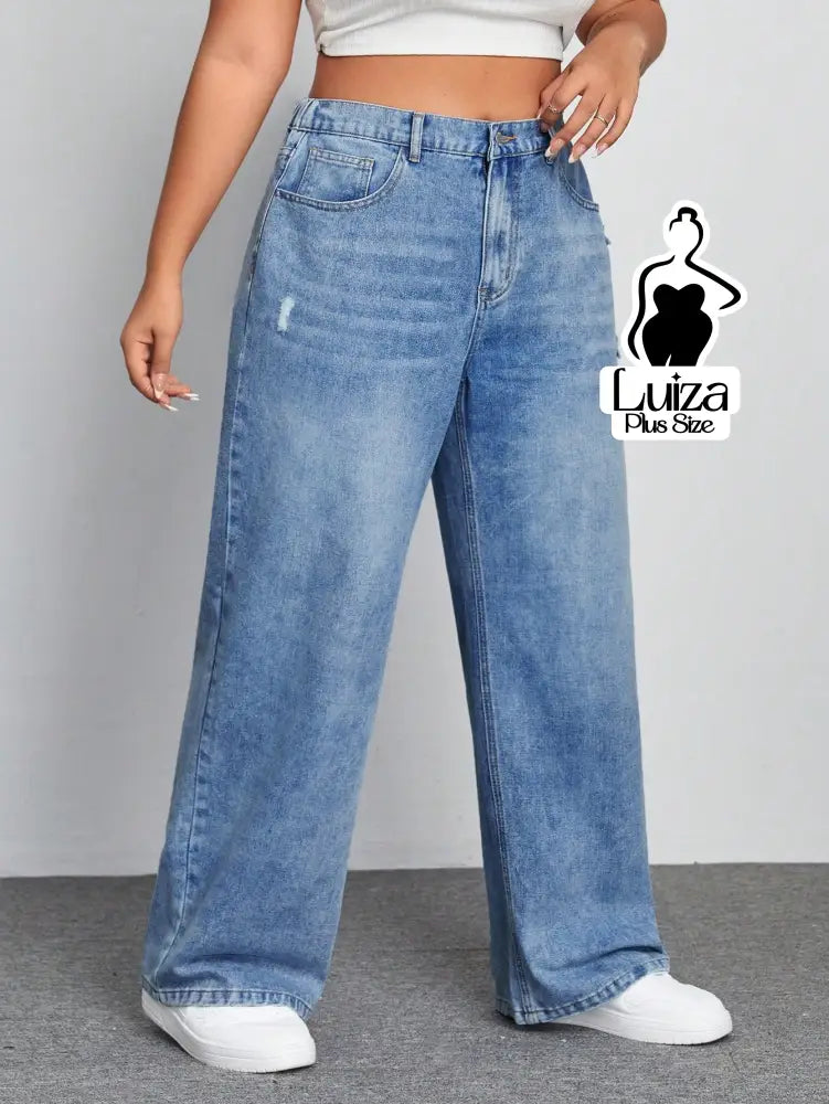Calça Jeans Wide Leg Cintura Alta Caimento Solto Plus Size