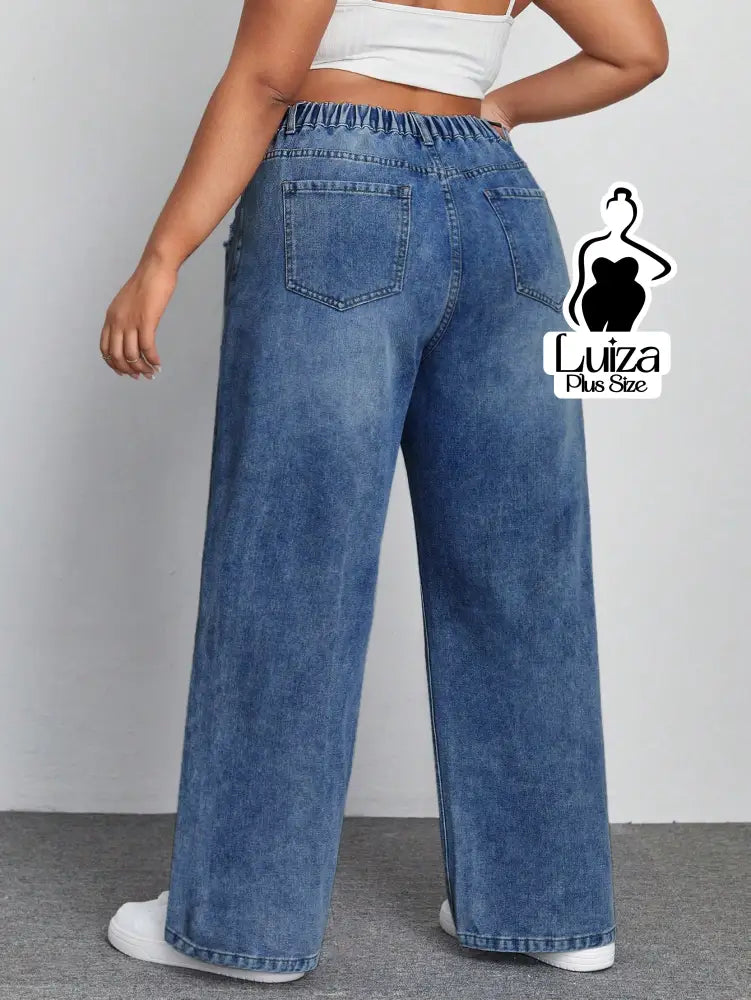 Calça Jeans Wide Leg Cintura Alta Caimento Solto Plus Size