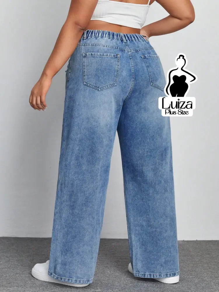 Calça Jeans Wide Leg Cintura Alta Caimento Solto Plus Size