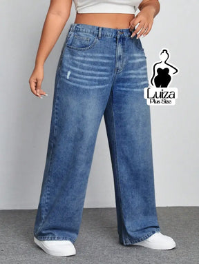 Calça Jeans Wide Leg Cintura Alta Caimento Solto Plus Size