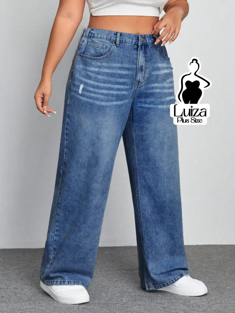 Calça Jeans Wide Leg Cintura Alta Caimento Solto Plus Size