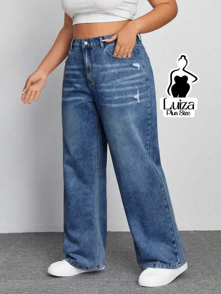 Calça Jeans Wide Leg Cintura Alta Caimento Solto Plus Size