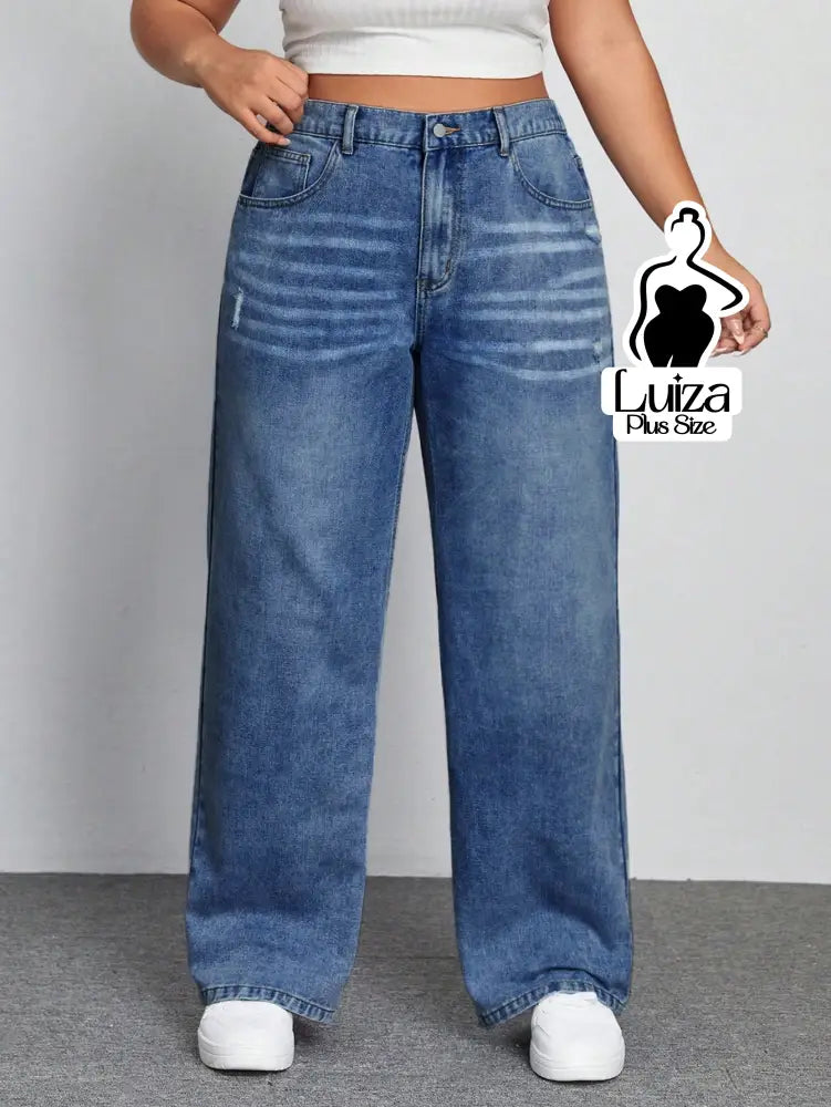 Calça Jeans Wide Leg Cintura Alta Caimento Solto Plus Size