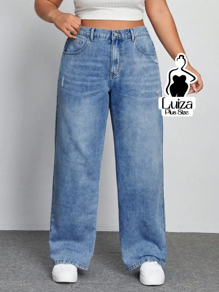 Calça Jeans Wide Leg Cintura Alta Caimento Solto Plus Size