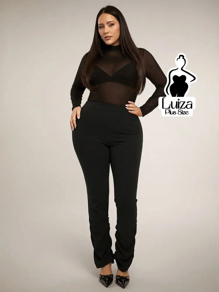 Calça Justa Cintura Alta Barra Franzida Plus Size