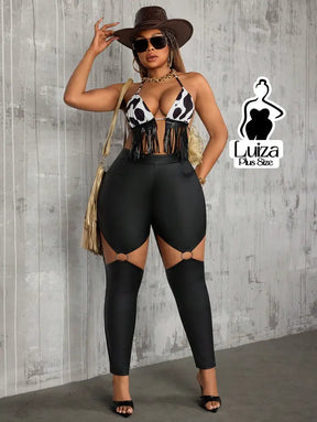 Calça Legging Cintura Alta Recortes Argola Frontal Plus Size