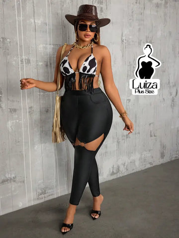 Calça Legging Cintura Alta Recortes Argola Frontal Plus Size