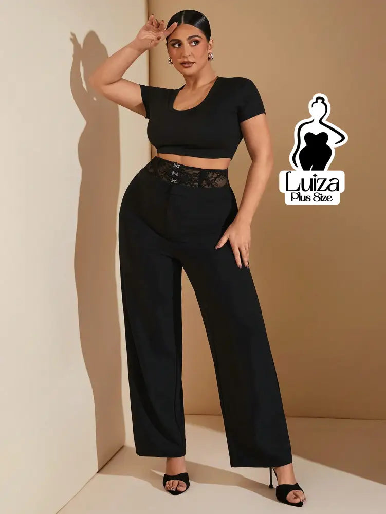 Calça Pantalona Alfaiataria Cintura Alta Com Renda Plus Size