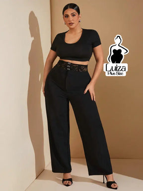 Calça Pantalona Alfaiataria Cintura Alta Com Renda Plus Size