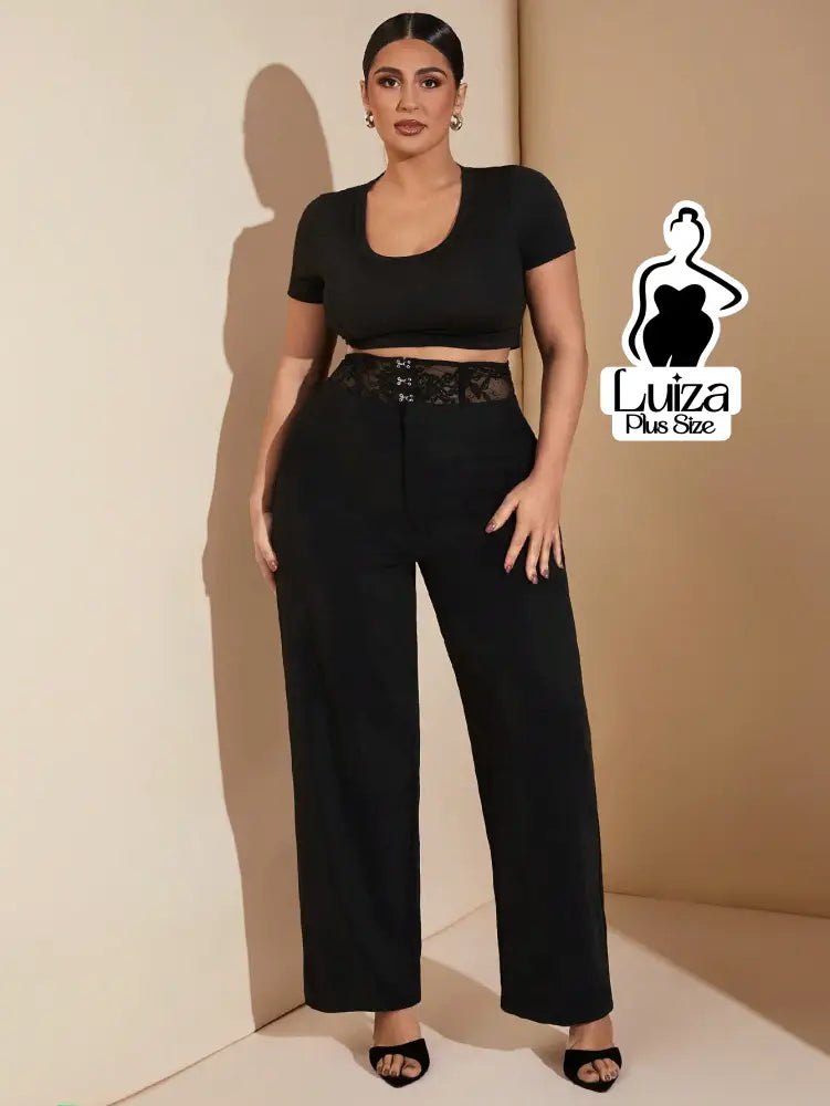 Calça Pantalona Alfaiataria Cintura Alta Com Renda Plus Size