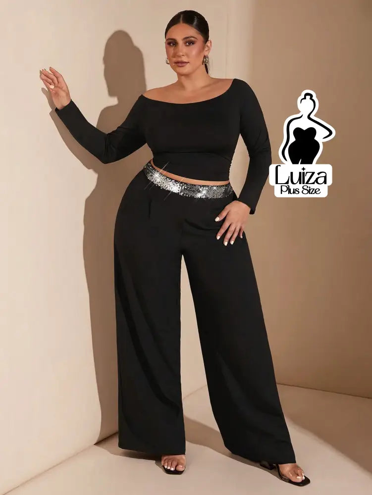 Calça Pantalona Alfaiataria Cós De Paetês Plus Size
