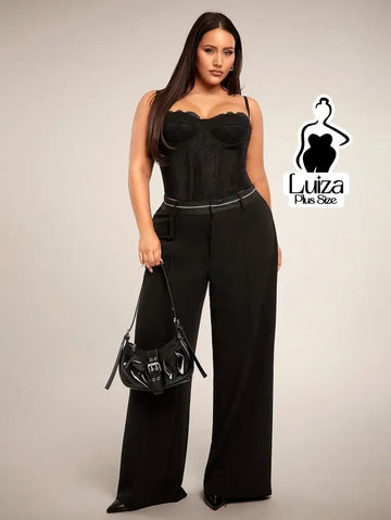 Calça Pantalona Alfaiataria Pregas Sofisticada Plus Size