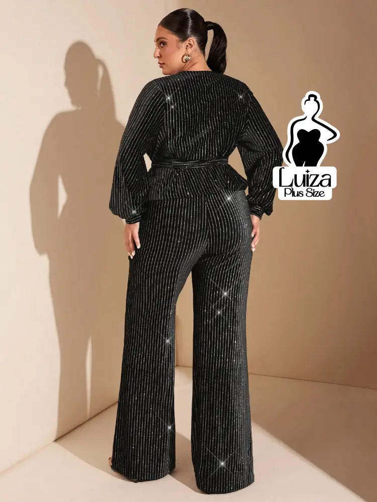 Calça Pantalona Brilho Listrada Estilo Festivo Plus Size