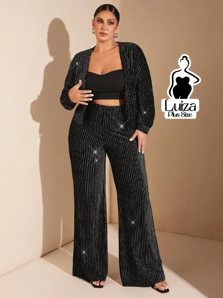 Calça Pantalona Brilho Listrada Estilo Festivo Plus Size