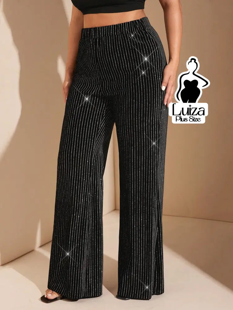 Calça Pantalona Brilho Listrada Estilo Festivo Plus Size