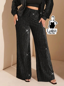 Calça Pantalona Brilho Listrada Estilo Festivo Plus Size