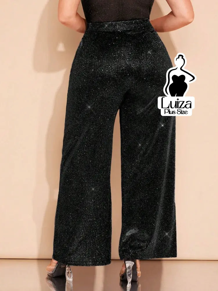 Calça Pantalona Cintura Alta Brilho Glamour Plus Size