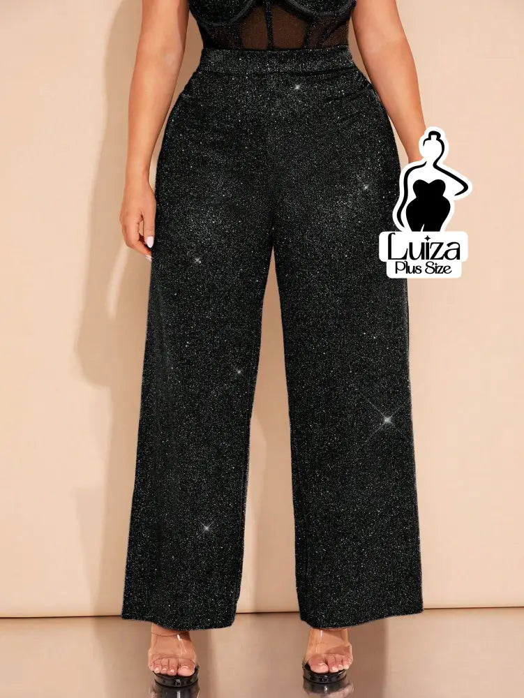 Calça Pantalona Cintura Alta Brilho Glamour Plus Size