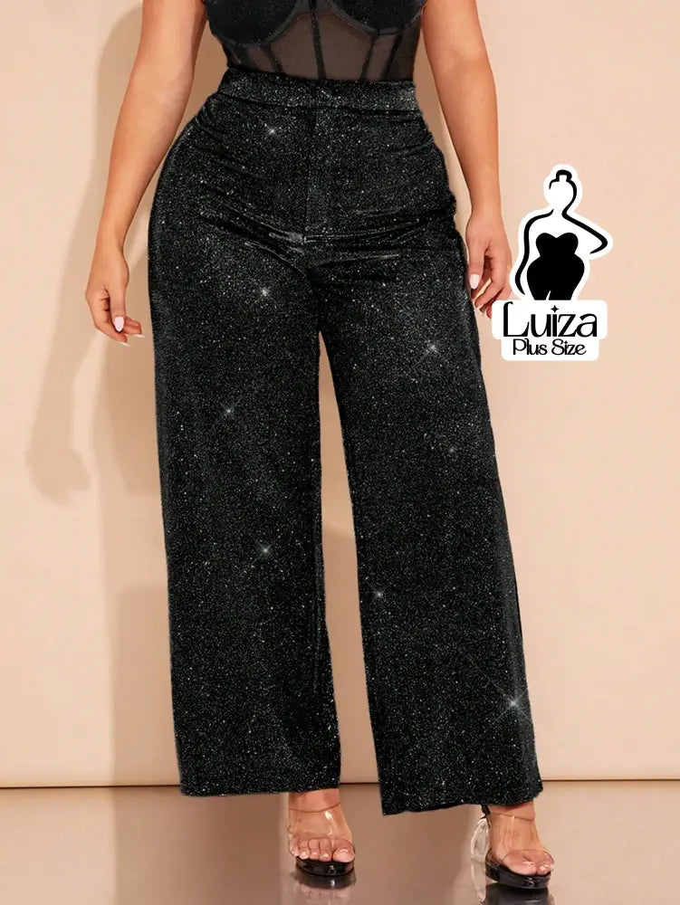 Calça Pantalona Cintura Alta Brilho Glamour Plus Size