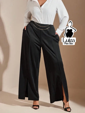 Calça Pantalona Cintura Alta Fenda Corrente Plus Size