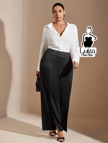 Calça Pantalona Cintura Alta Fenda Corrente Plus Size