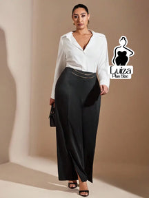 Calça Pantalona Cintura Alta Fenda Corrente Plus Size