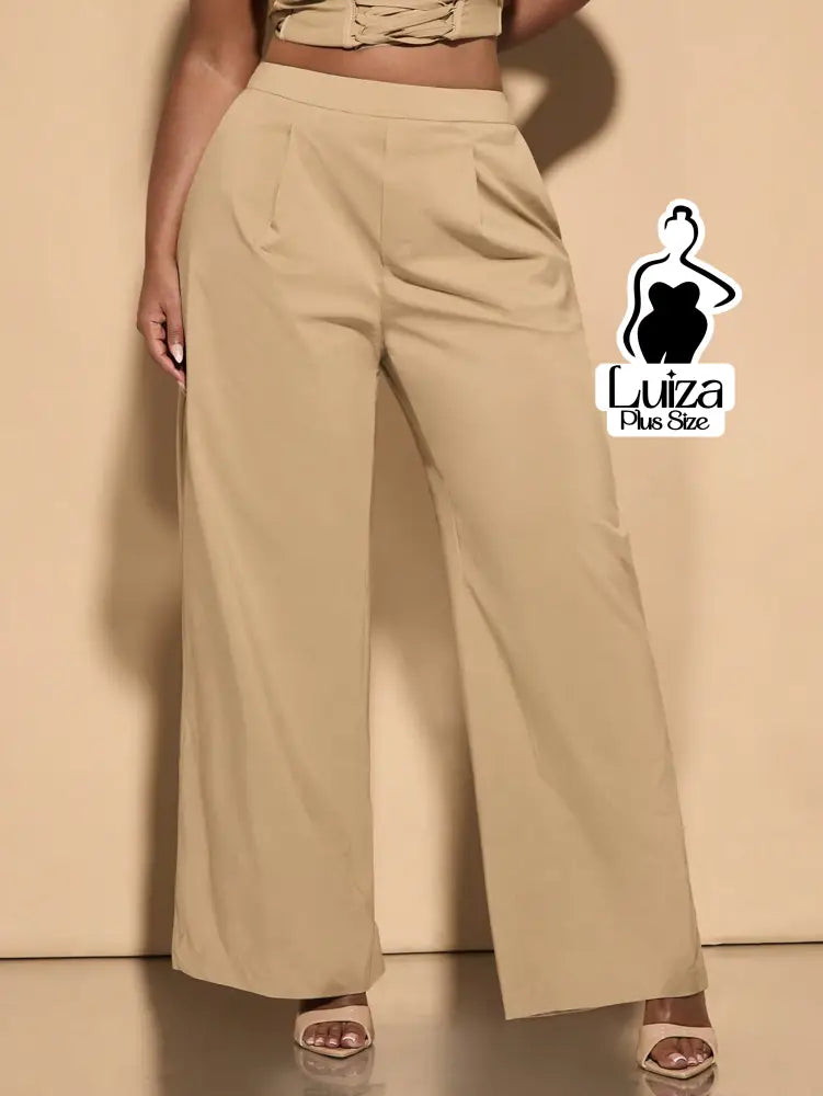 Calça Pantalona Cintura Alta Recorte No Cós Plus Size