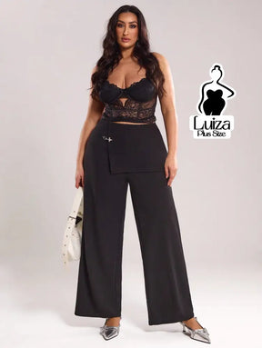 Calça Pantalona Cintura Alta Sobreposição Assimétrica Plus Size