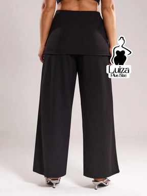 Calça Pantalona Cintura Alta Sobreposição Assimétrica Plus Size