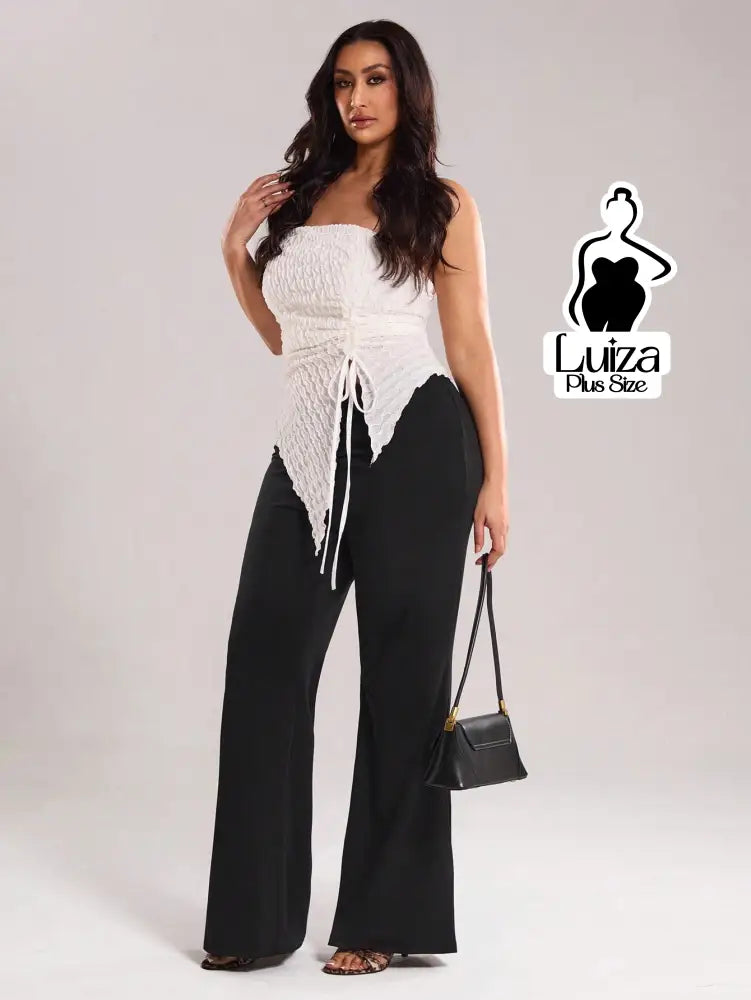 Calça Pantalona Cintura Alta Tecido Acetinado Plus Size