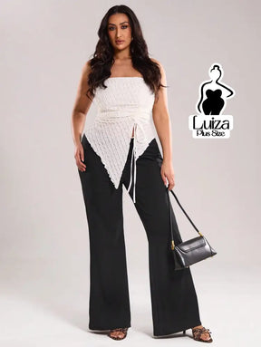 Calça Pantalona Cintura Alta Tecido Acetinado Plus Size