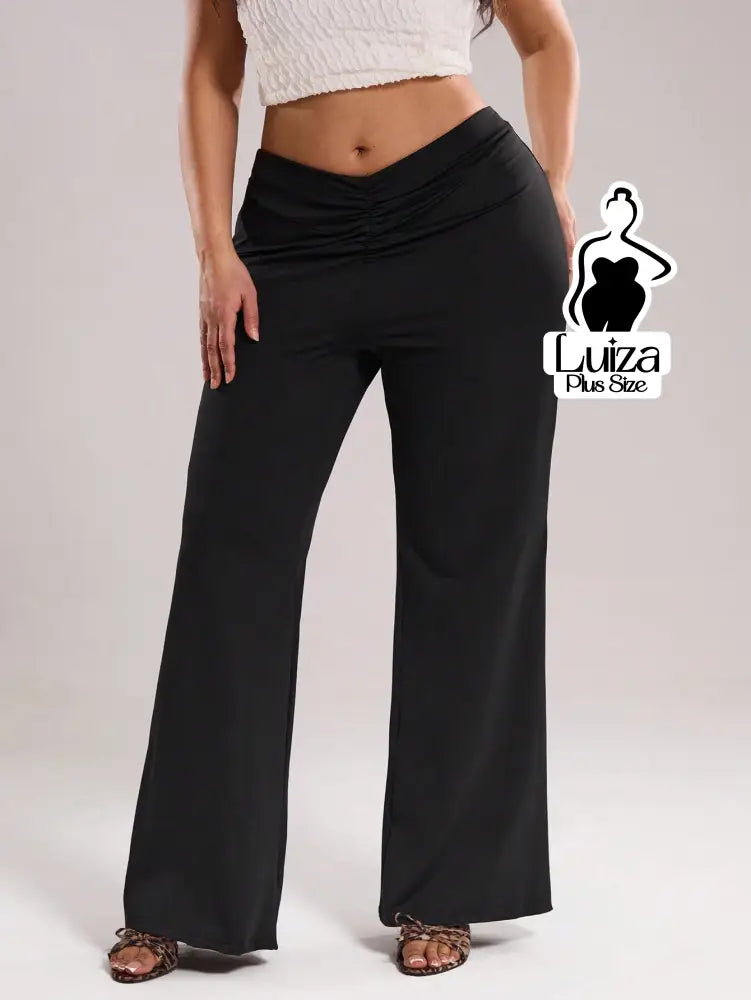 Calça Pantalona Cintura Alta Tecido Acetinado Plus Size