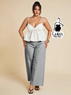 Calça Pantalona Listrada Cintura Alta Estilo Chic Plus Size